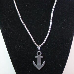 Non-Magnetic Hematite 16.5 in Choker Necklace W/ Anchor Pendant Metallic Beads